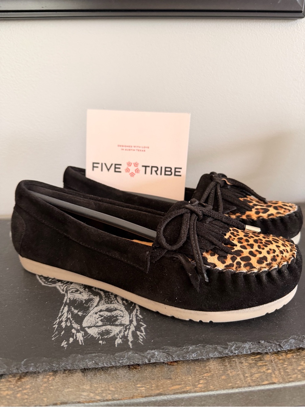Women’s Black Suede Moccasins with Leopard Accent